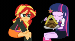 Size: 510x280 | Tagged: safe, artist:khuzang, imported from derpibooru, sunset shimmer, twilight sparkle, human, equestria girls, :t, animated, big crown thingy, black background, cake, clothes, cute, do you want this cake, duo, eating, eyes closed, feeding, female, frown, glare, good end, happy, it came from youtube, open mouth, raised eyebrow, school uniform, sharing, shimmerbetes, simple background, sitting, skirt, smiling, spoon, twiabetes, weapons-grade cute, youtube link