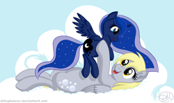Size: 6000x3552 | Tagged: safe, artist:shiarr, imported from derpibooru, derpy hooves, princess luna, alicorn, pegasus, pony, cloud, duo, duo female, female, filly, filly luna, happy, holding a pony, mare, on back, woona, younger