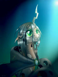 Size: 1995x2636 | Tagged: safe, artist:yula568, imported from derpibooru, queen chrysalis, changeling, changeling queen, cloak, clothes, crying, eyeshadow, female, floppy ears, makeup, sad, solo, woobie