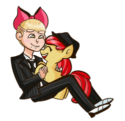 Size: 1000x970 | Tagged: safe, artist:php52, imported from derpibooru, apple bloom, human, pony, accessory swap, blushing, bow, costume swap, crossover, danganronpa, danganronpa 2, female, filly, fuyuhiko kuzuryuu, hat, male, smiling