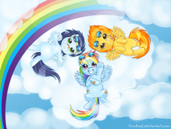 Size: 913x685 | Tagged: safe, artist:tinuleaf, imported from derpibooru, rainbow dash, soarin', spitfire, :o, bandage, bandaid, bandaid on nose, cloud, cloudy, cute, goggles, grin, happy, on back, pointing, rainbow, smiling