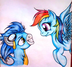 Size: 1744x1629 | Tagged: safe, artist:tomek2289, imported from derpibooru, rainbow dash, soarin', female, male, shipping, soarindash, straight, traditional art