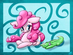 Size: 1280x960 | Tagged: safe, artist:lizzyoli-ravioli, imported from derpibooru, gummy, pinkie pie, abstract background, lying down, ponyloaf, prone