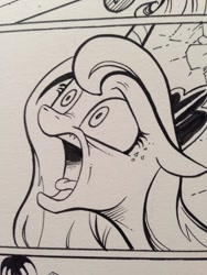 Size: 768x1024 | Tagged: safe, artist:andypriceart, idw, imported from derpibooru, princess luna, female, floppy ears, monochrome, open mouth, screaming, solo, surprised, tongue out, yelling