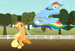 Size: 3672x2532 | Tagged: safe, artist:moonbrony, artist:sokolas, imported from derpibooru, applejack, rainbow dash, apple, colored, fence, flower, lasso, mouth hold, rope, tree