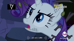 Size: 640x355 | Tagged: safe, imported from derpibooru, screencap, rarity, cow, castle mane-ia, female, hub logo, hub network, hubble, leaves, meme, mlp-captions, solo, species swap, the hub, tv rating, youtube caption