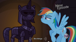 Size: 640x355 | Tagged: safe, imported from derpibooru, screencap, rainbow dash, pegasus, pony, unicorn, castle mane-ia, armor, female, flying, glare, hub logo, hubble, mare, meme, mlp-captions, observer, solo, spread wings, the hub, youtube caption