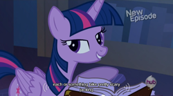 Size: 640x355 | Tagged: safe, imported from derpibooru, screencap, twilight sparkle, alicorn, pony, castle mane-ia, book, female, hub logo, hubble, mare, meme, mlp-captions, solo, twilight sparkle (alicorn), youtube caption