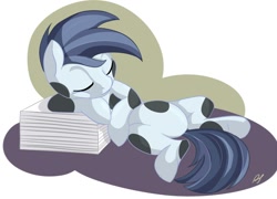 Size: 1386x1000 | Tagged: safe, artist:postscripting, imported from derpibooru, shady daze, ponyville confidential, belly, colt, cute, featureless crotch, ink, male, newspaper, paper, sleeping, solo