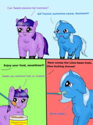 Size: 669x894 | Tagged: safe, artist:waggytail, imported from derpibooru, trixie, twilight sparkle, fluffy pony, cheek puffing, lima beans, vulgar