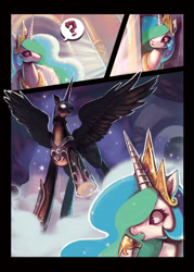 Size: 400x560 | Tagged: safe, artist:scarletdesires, imported from derpibooru, nightmare moon, princess celestia, alicorn, pony, comic, crown, female, gasp, glowing eyes, hoof shoes, jewelry, mare, open mouth, question mark, regalia, spread wings, transformation, wide eyes