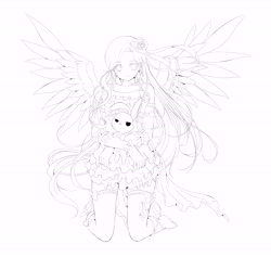 Size: 5600x5300 | Tagged: safe, artist:rurucreations, artist:rurutia8, imported from derpibooru, angel bunny, fluttershy, human, rabbit, absurd resolution, animal, clothes, female, humanized, kneeling, lineart, monochrome, spread wings, winged humanization, wings