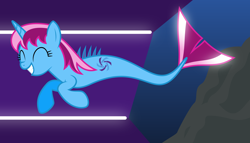 Size: 11200x6400 | Tagged: safe, artist:parclytaxel, imported from derpibooru, oc, oc only, oc:parcly taxel, hippocampus, merpony, unicorn, albumin flask, .svg available, absurd resolution, bioluminescent, female, grin, lights, mare, rock, smiling, solo, species swap, swimming, underwater, vector