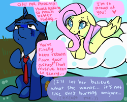 Size: 500x400 | Tagged: safe, artist:askswiftjustice, imported from derpibooru, fluttershy, ace attorney, cloud, crossover, dialogue, necktie, phoenix wright, ponified, speech bubble, turnabout storm