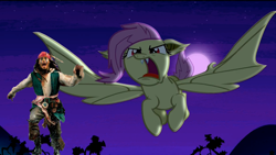 Size: 1920x1080 | Tagged: safe, edit, edited screencap, imported from derpibooru, screencap, fluttershy, bat pony, human, bats!, disney, fangs, female, flutterbat, flutterbat attack, flying, irl, irl human, jack sparrow, johnny depp, male, mare, meme, open mouth, photo, pirates of the caribbean, race swap