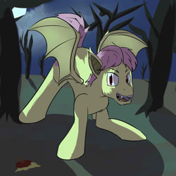 Size: 1280x1280 | Tagged: safe, artist:fuzebox, imported from derpibooru, fluttershy, bat pony, pony, bats!, adorascotch, apple, batterscotch, butterscotch, cute, fangs, flutterbat, male, night, orchard, race swap, rule 63, rule63betes, shyabates, shyabetes, solo, sweet apple acres, tree