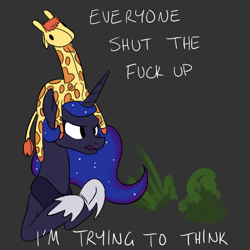 Size: 700x700 | Tagged: safe, artist:goat train, imported from derpibooru, princess luna, giraffe, pony, animal hat, dialogue, female, grass, hat, meme, parody, plushie, serious hat, shut up, solo, thinking, vulgar