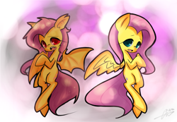 Size: 1091x753 | Tagged: safe, artist:lessue, imported from derpibooru, fluttershy, bat pony, pony, duality, female, flutterbat, pixiv, race swap, solo