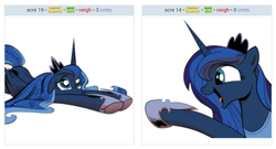 Size: 1109x601 | Tagged: safe, imported from derpibooru, princess luna, derpibooru, exploitable meme, juxtaposition, juxtaposition win, laughing, meme, meta, pouting