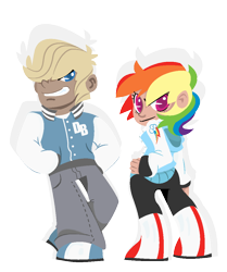 Size: 890x1067 | Tagged: safe, artist:dbkit, imported from derpibooru, dumbbell, rainbow dash, human, clothes, dark skin, dumbdash, duo, female, humanized, jacket, letterman jacket, light skin, male, moderate dark skin, shipping, simple background, straight, transparent background, varsity jacket