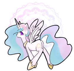 Size: 1004x959 | Tagged: safe, artist:lessue, imported from derpibooru, princess celestia, butt, female, flower, flower in hair, looking at you, looking back, plot, solo