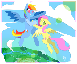 Size: 2000x1666 | Tagged: safe, artist:v0cat0v, imported from derpibooru, fluttershy, rainbow dash, flying, paperlike, vertigo