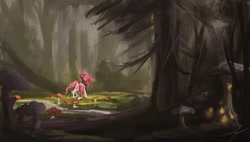 Size: 1321x749 | Tagged: artist needed, safe, imported from derpibooru, pinkie pie, earth pony, pony, dark, female, forest, glow, glowing, mushroom, scenery, solo, tail wag