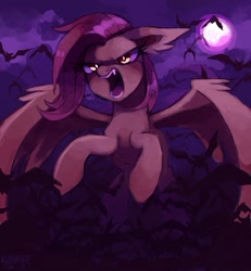 Size: 1200x1299 | Tagged: safe, artist:kunaike, imported from derpibooru, fluttershy, bat, bat pony, pony, bats!, angry, animal, dark, female, flutterbat, flying, moon, night, race swap, solo