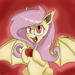Size: 4000x4000 | Tagged: safe, artist:bloodyhellhayden, imported from derpibooru, fluttershy, bat pony, pony, bats!, apple, female, flutterbat, race swap, solo