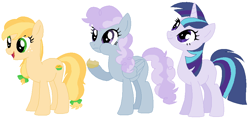 Size: 908x450 | Tagged: safe, artist:eeveepikachuchan, imported from derpibooru, oc, oc only, oc:amethyst skies, oc:apple pie, oc:star sparkle, pegasus, pony, unicorn, blank flank, offspring, parent:applejack, parent:braeburn, parent:pinkie pie, parent:shining armor, parent:silver lining, parent:twilight sparkle, parents:braejack, parents:pinkielining, parents:shining sparkle, product of incest, simple background, white background