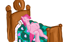 Size: 3000x2000 | Tagged: safe, artist:twizzle, imported from derpibooru, pinkie pie, bed, female, kicking, one eye closed, pregnant, solo, wink