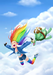 Size: 650x919 | Tagged: safe, artist:valinhya, imported from derpibooru, rainbow dash, tank, human, clothes, cloud, converse, cute, dashabetes, duo, eyes closed, falling, humanized, light skin, multicolored hair, open mouth, parachute, rainbow hair, rainbow socks, shoes, sky, skydiving, socks, striped socks