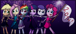 Size: 1400x633 | Tagged: safe, artist:fj-c, imported from derpibooru, applejack, fluttershy, pinkie pie, rainbow dash, rarity, twilight sparkle, equestria girls, 2014, clothes, dress, gala, humanized, mane six, new year