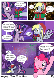 Size: 1200x1650 | Tagged: safe, artist:tikyotheenigma, imported from derpibooru, derpy hooves, pinkie pie, twilight sparkle, earth pony, pegasus, pony, unicorn, breaking the fourth wall, comic, female, happy new year, mare