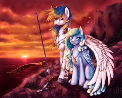 Size: 996x802 | Tagged: safe, artist:limreiart, imported from derpibooru, oc, oc only, oc:skyshadow, oc:windysunshine, pegasus, pony, couple, female, hug, male, mare, oc x oc, ruins, scenery, shipping, spear, stallion, straight, sunset, sword, unshorn fetlocks, winghug