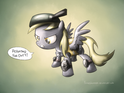 Size: 837x625 | Tagged: safe, artist:fongsaunder, imported from derpibooru, derpy hooves, pegasus, pony, armor, female, frying pan, mare, solo