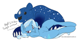 Size: 1280x672 | Tagged: safe, artist:messysketch, imported from derpibooru, trixie, pony, unicorn, ursa minor, cute, dialogue, female, mare, plushie, simple background, solo, teddy bear, ursa plush, white background