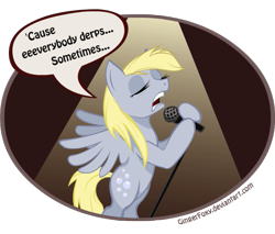 Size: 655x557 | Tagged: safe, artist:gingerfoxy, imported from derpibooru, derpy hooves, pegasus, pony, everybody hurts, female, mare, microphone, r.e.m., singing, solo