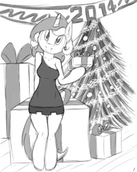 Size: 550x690 | Tagged: safe, artist:tg-0, imported from derpibooru, lyra heartstrings, anthro, semi-anthro, unguligrade anthro, unicorn, 2014, arm hooves, breasts, christmas, christmas tree, clothes, dress, female, holiday, looking at you, miniskirt, monochrome, present, skirt, smiling, smiling at you, solo, tree