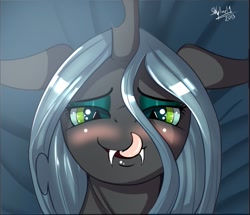 Size: 825x710 | Tagged: safe, artist:skyart301, artist:skyline19, imported from derpibooru, queen chrysalis, changeling, changeling queen, bedroom eyes, blushing, bueno, close-up, female, looking at you, solo, tongue out
