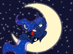 Size: 944x704 | Tagged: safe, artist:nekosnicker, imported from derpibooru, princess luna, crescent moon, drink, drinking, female, moon, nds, playing, solo, tangible heavenly object, transparent moon, video game