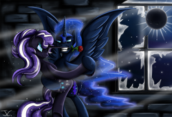 Size: 1250x855 | Tagged: safe, artist:jamescorck, imported from derpibooru, nightmare moon, nightmare rarity, pony, bedroom eyes, bipedal, dance of the nightmares, dancing, duality, eclipse, grin, mouth hold, rose, self ponidox, selfcest, shipping, smiling, solar eclipse, sparkle, tango, time paradox