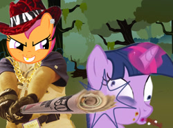 Size: 661x493 | Tagged: safe, artist:howdogz, imported from derpibooru, scootaloo, twilight sparkle, beating, hat, pimp hat, twilybuse