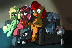 Size: 4100x2707 | Tagged: safe, artist:cosmonaut, imported from derpibooru, oc, oc only, oc:mewball, oc:minituffs, oc:red ribbon, oc:sleepyhead, oc:tropicana, earth pony, pony, unicorn, belly button, chubby, cosmonaut, couch, dark, fat, mewball, minituffs, movie, scary, sitting, sleeping, tropicana