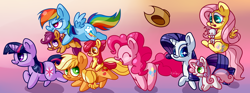 Size: 3500x1300 | Tagged: safe, artist:zoiby, imported from derpibooru, angel bunny, apple bloom, applejack, fluttershy, pinkie pie, rainbow dash, rarity, scootaloo, sweetie belle, twilight sparkle, earth pony, pegasus, pony, unicorn, apple bloom riding applejack, apple bloom's bow, applejack's hat, bow, chibi, chubby, cowboy hat, cute, cutie mark crusaders, female, filly, gradient background, hair bow, hat, holding a pony, mane six, mare, ponies riding ponies, riding, scootalove, siblings, simple background, sisters, unicorn twilight