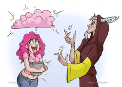 Size: 780x554 | Tagged: safe, artist:feujenny07, artist:mickeymonster, imported from derpibooru, discord, pinkie pie, human, belly button, bucket, chocolate rain, discopie, female, hood, humanized, light skin, magic, male, midriff, muffin top, plump, shipping, straight, tongue out