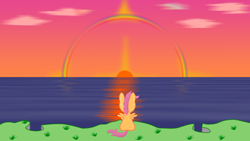 Size: 1920x1080 | Tagged: safe, artist:vcsajen, imported from derpibooru, scootaloo, back, cliff, cloud, cloudy, halo, ocean, sunset, water