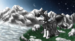 Size: 1280x705 | Tagged: safe, artist:ap0st0l, imported from derpibooru, oc, oc only, pony, unicorn, cliff, cloak, clothes, glasses, mountain, stars, white night