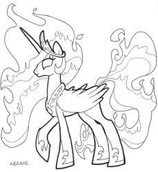 Size: 917x1000 | Tagged: safe, artist:abronyaccount, imported from derpibooru, nightmare star, princess celestia, female, fire, lineart, monochrome, prime celestia, solo