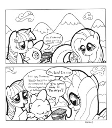 Size: 875x1000 | Tagged: safe, artist:abronyaccount, imported from derpibooru, fluttershy, spike, twilight sparkle, geology, gneiss, lineart, monochrome, rock, rock joke, rock pun